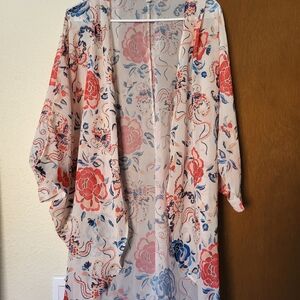 Floral Kimono Robe - Red and Blue